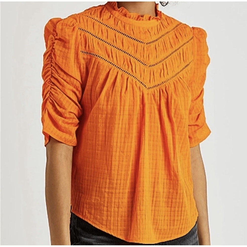 Veronica Beard Frasier Blouse Size 0 100% Cotton Orange Ruched Ruffle Prairie